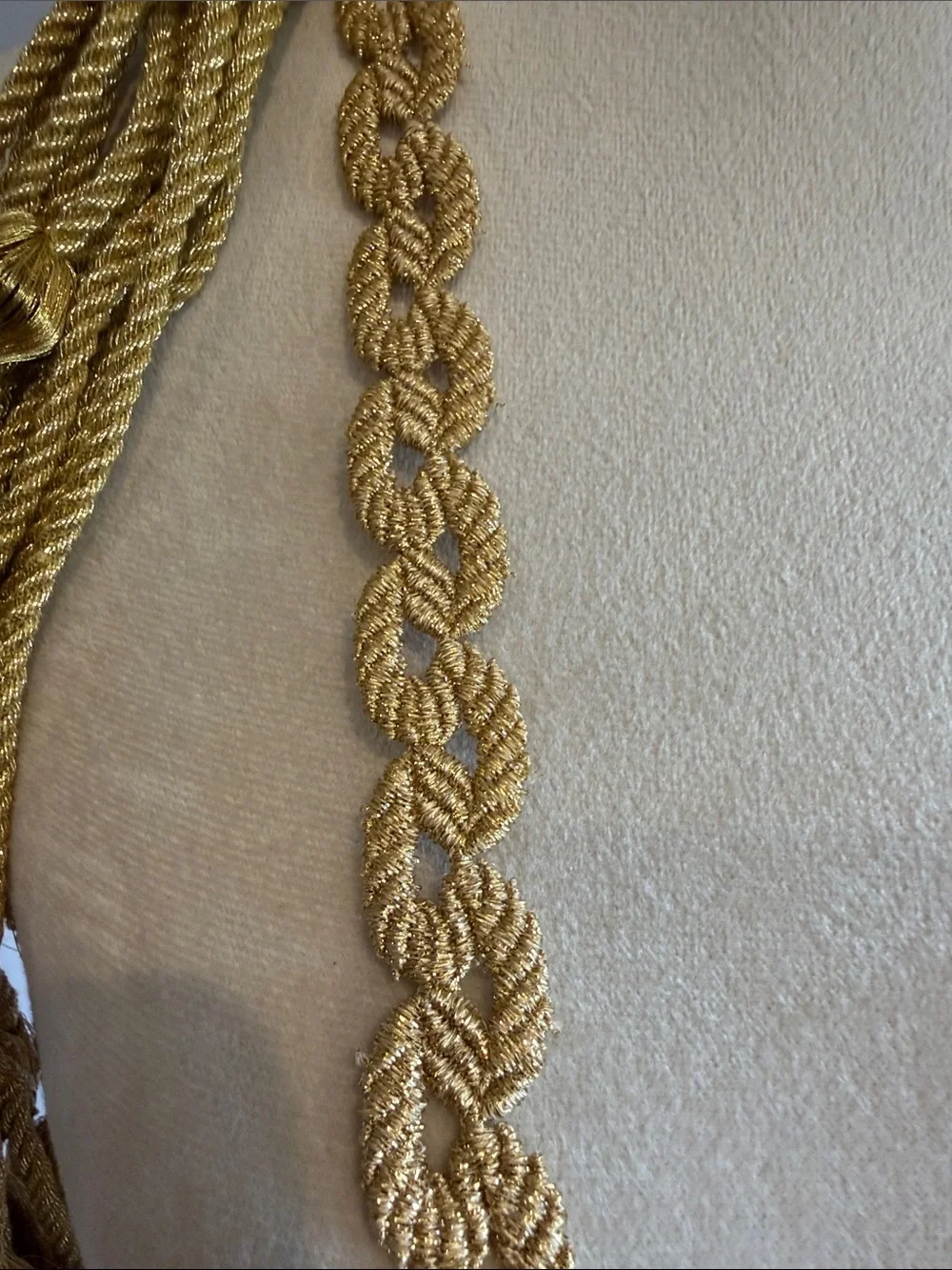 Gold Braided Rope tassel and dozen gold tie backs   Gold Venice trim, silver bow